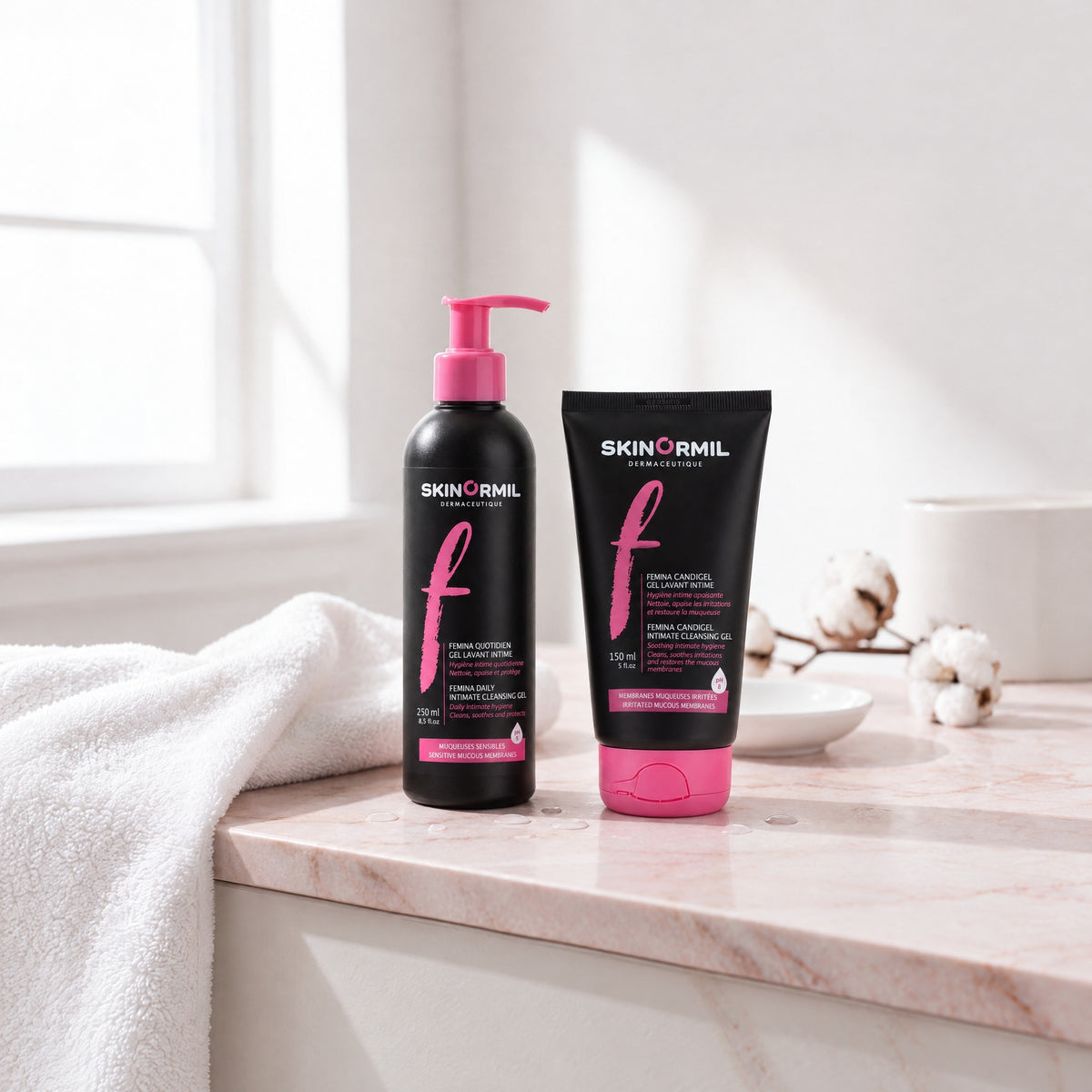 Skinormil Femina daily intimate gel and Femina Candigel in a bright bathroom