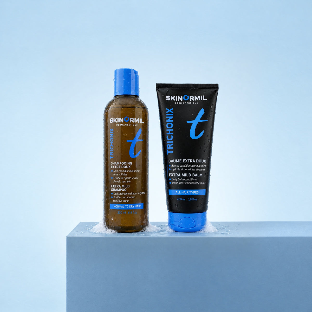 Skinormil Trichonix extra mild daily care duo on a soft backdrop