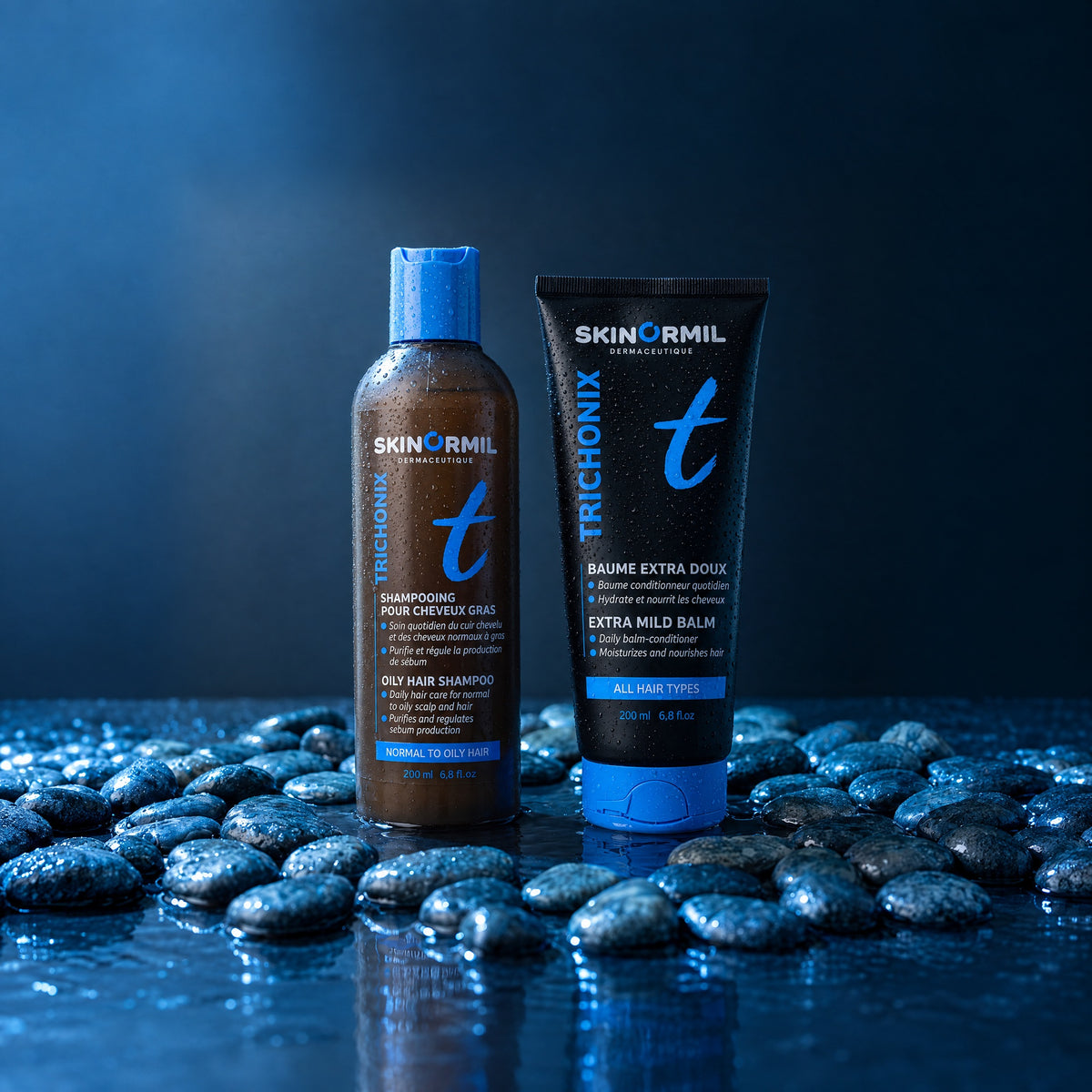 Skinormil Trichonix oily hair shampoo and extra mild balm, styled scene