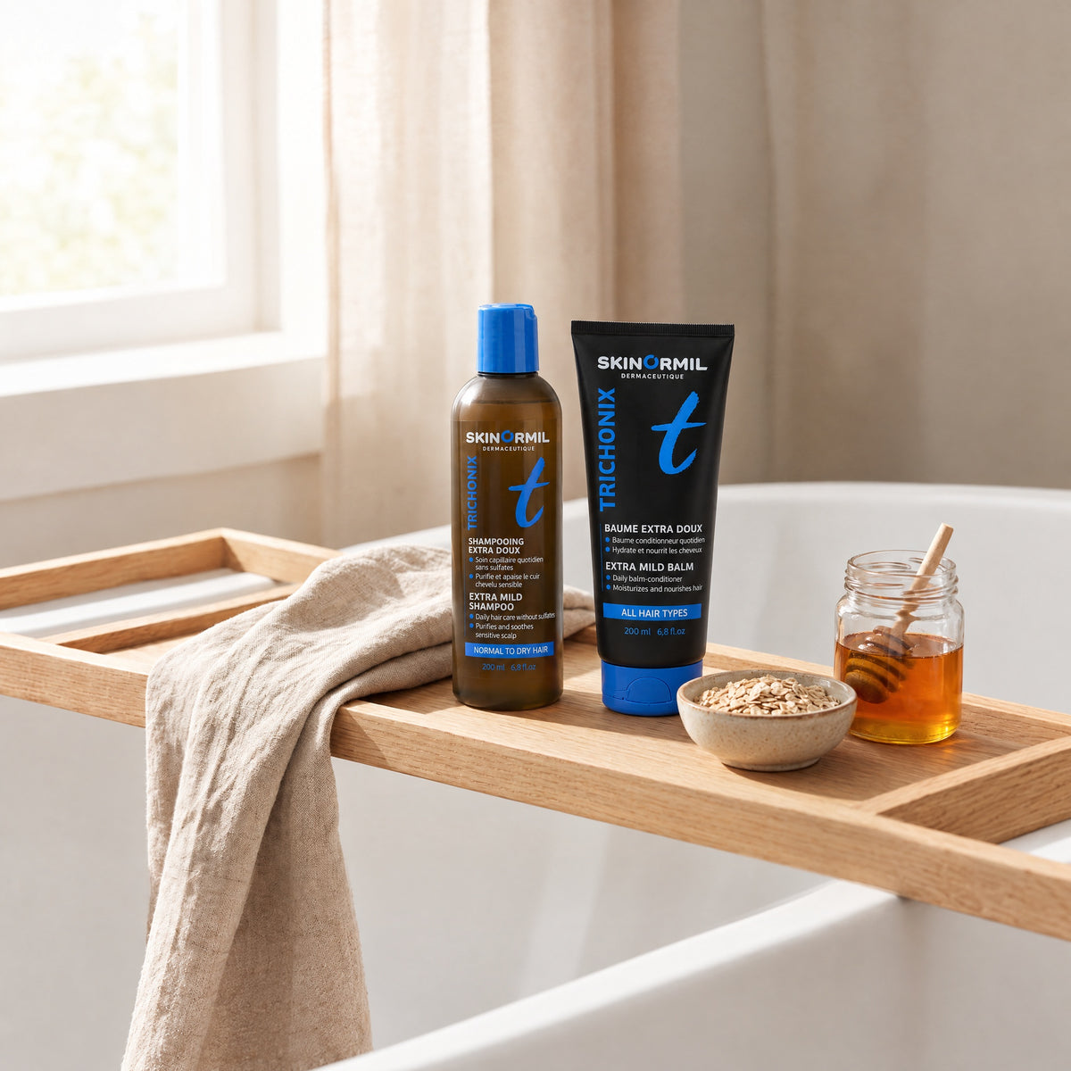 Skinormil Trichonix extra mild shampoo and extra mild balm, styled scene