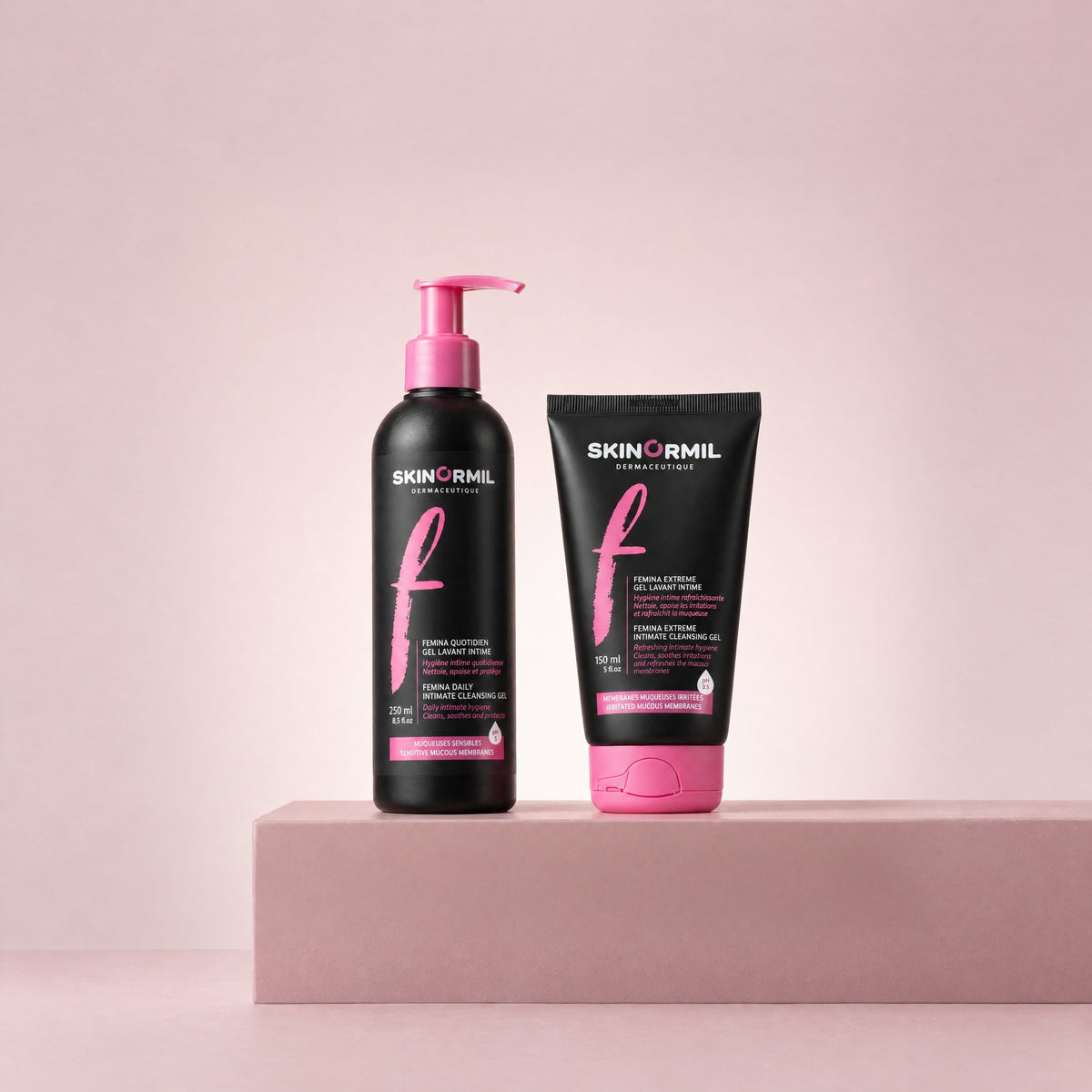 Skinormil Femina Daily and Extreme duo on a soft backdrop