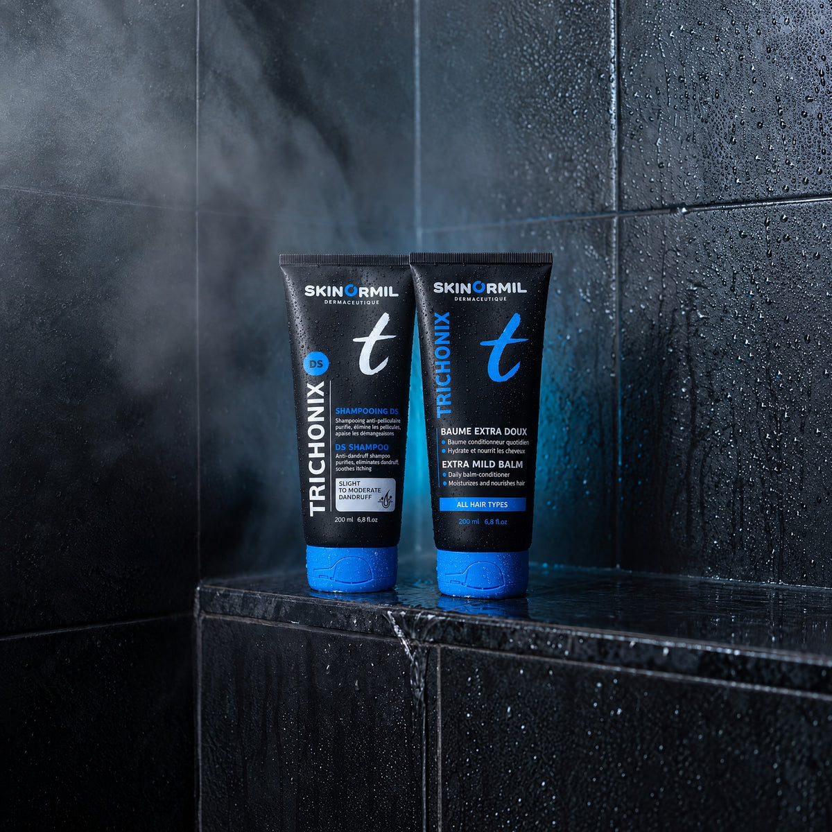 Skinormil Trichonix DS shampoo and extra mild balm, styled scene