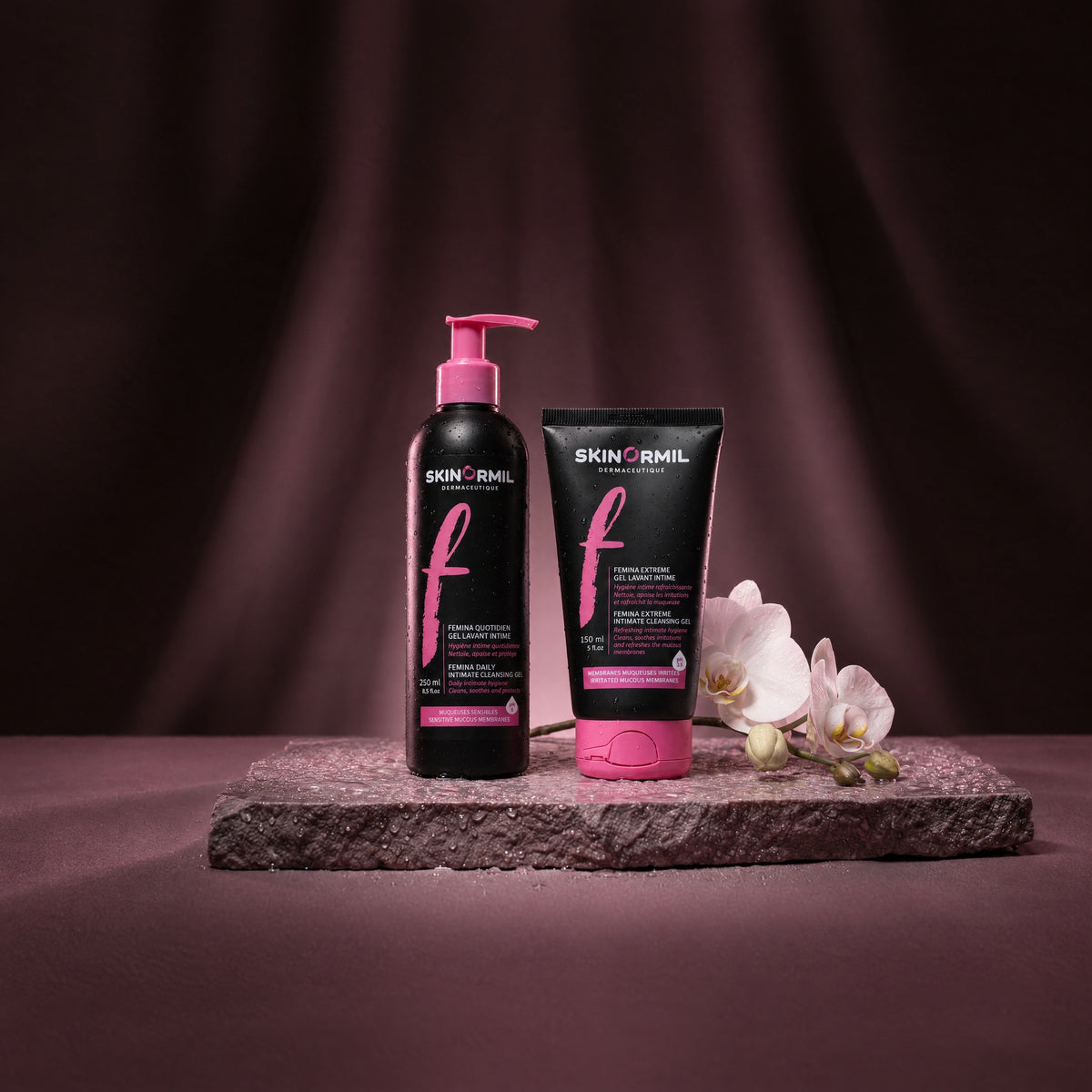 Skinormil Femina daily intimate gel and Femina Extreme, styled scene