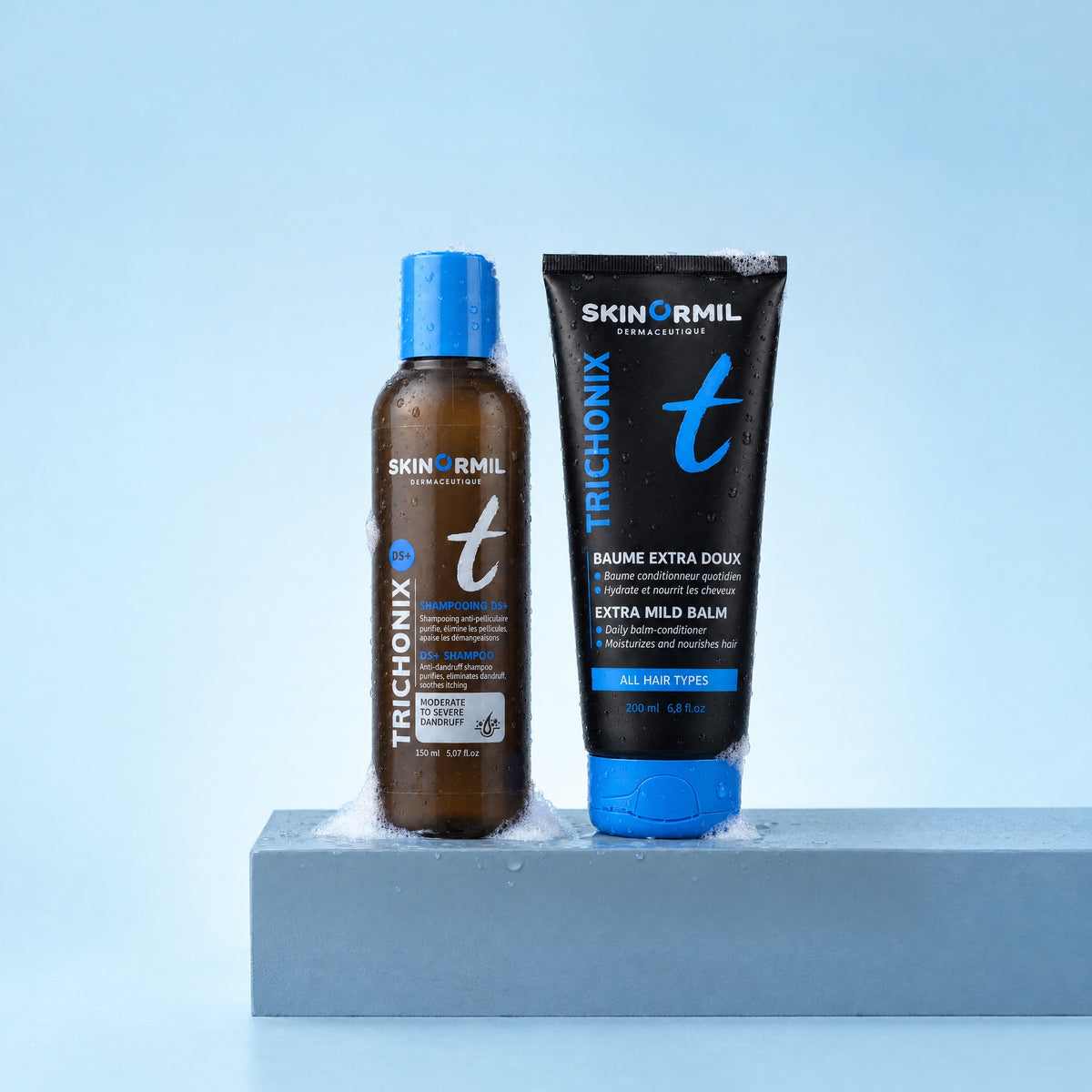 Skinormil Trichonix DS+ intensive dandruff and softness duo on a soft backdrop