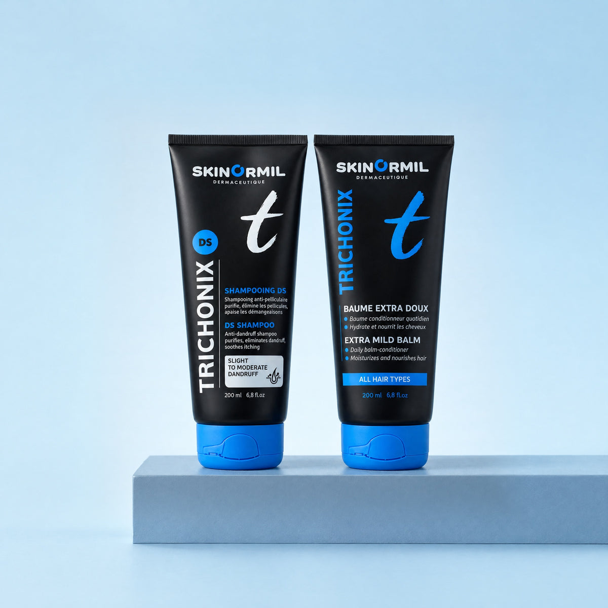 Skinormil Trichonix DS dandruff and softness duo on a soft backdrop