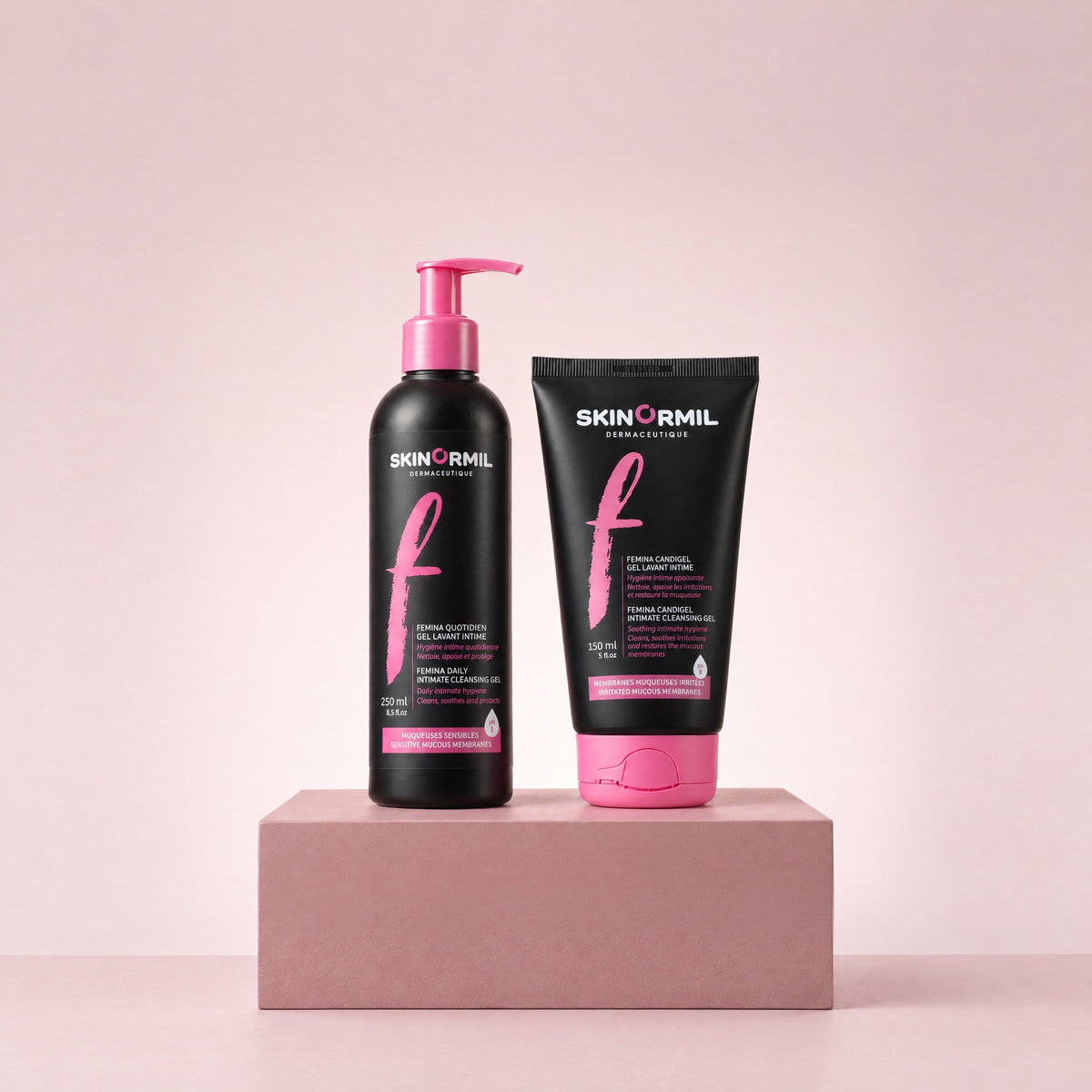Skinormil Femina Daily and Candigel duo on a soft backdrop