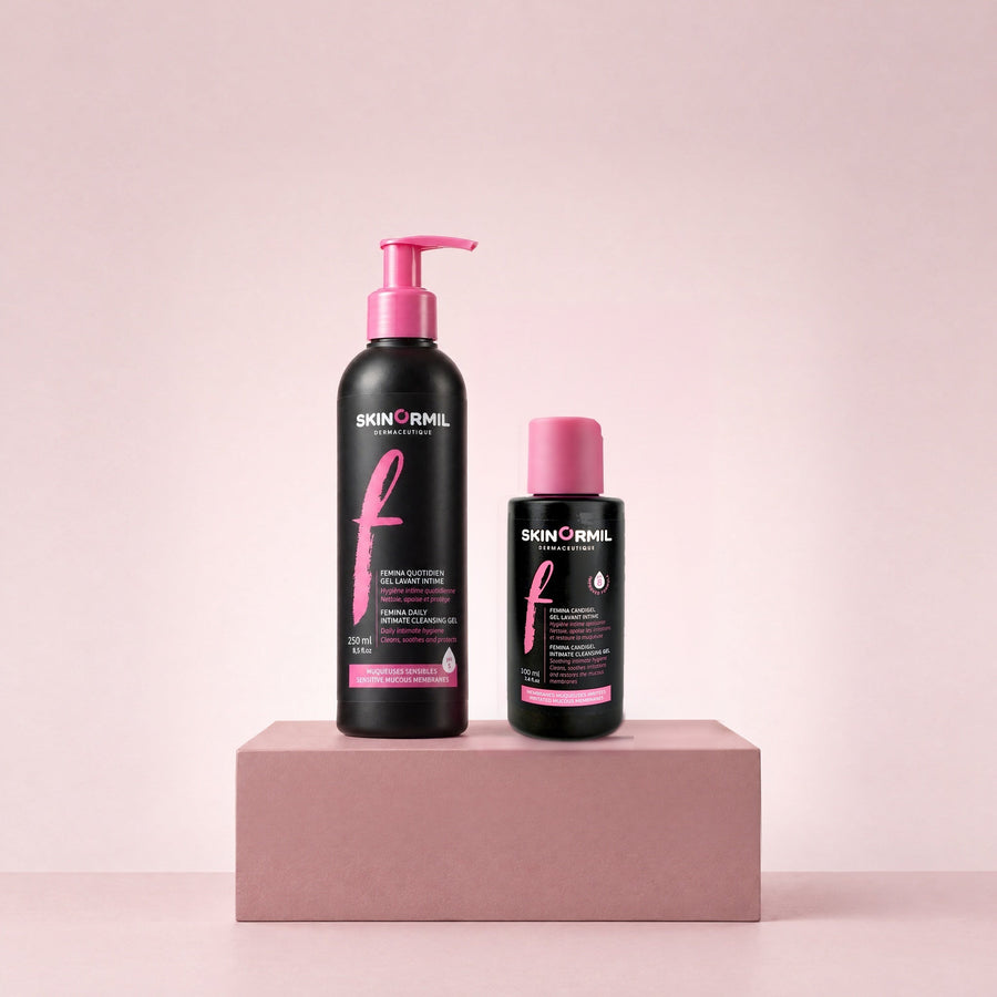 Skinormil Femina Daily and Candigel duo on a soft backdrop